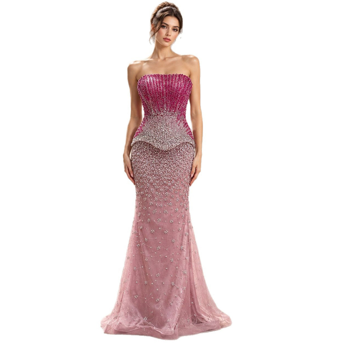 Luxury Rose Pink Beaded Strapless Mermaid Gown LA73984