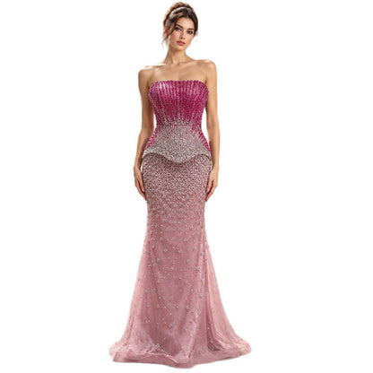 Luxury Rose Pink Beaded Strapless Mermaid Gown LA73984
