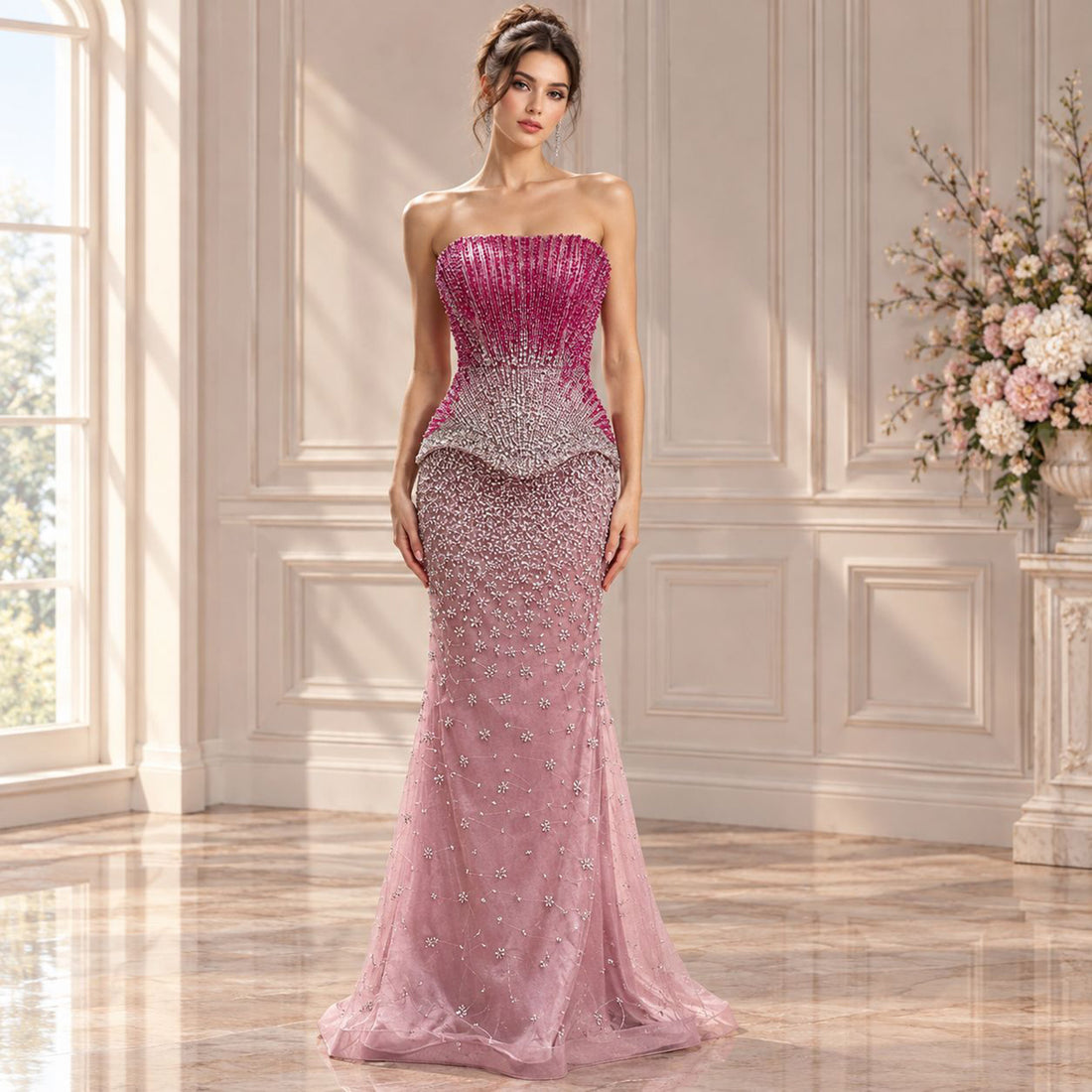 Luxury Rose Pink Beaded Strapless Mermaid Gown LA73984