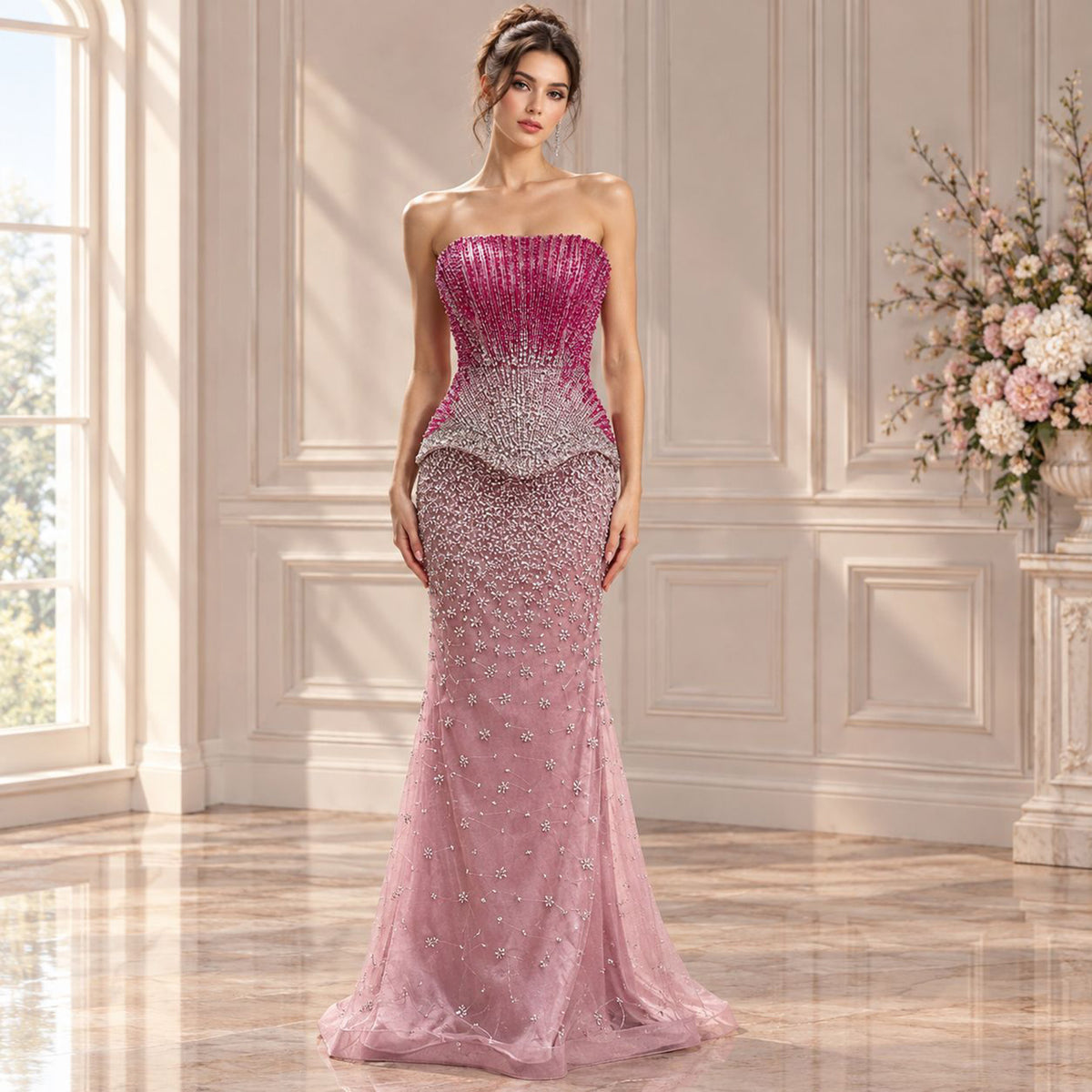 Luxury Rose Pink Beaded Strapless Mermaid Gown LA73984