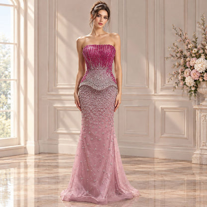 Luxury Rose Pink Beaded Strapless Mermaid Gown LA73984