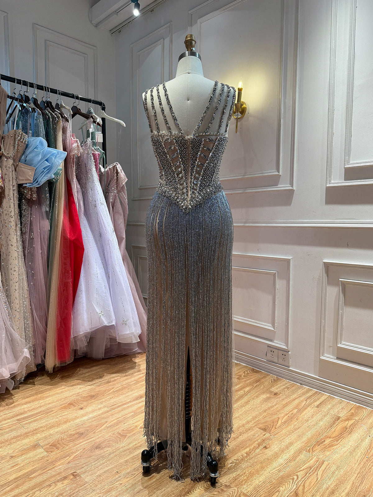 Silver Crystal Beaded Tassel Illusion Bodice Mermaid Evening Dress LA73987