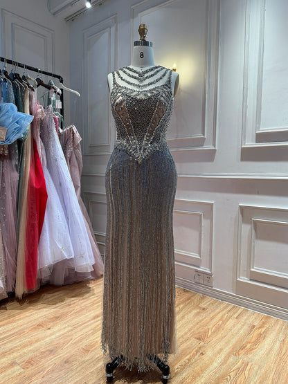 Silver Crystal Beaded Tassel Illusion Bodice Mermaid Evening Dress LA73987