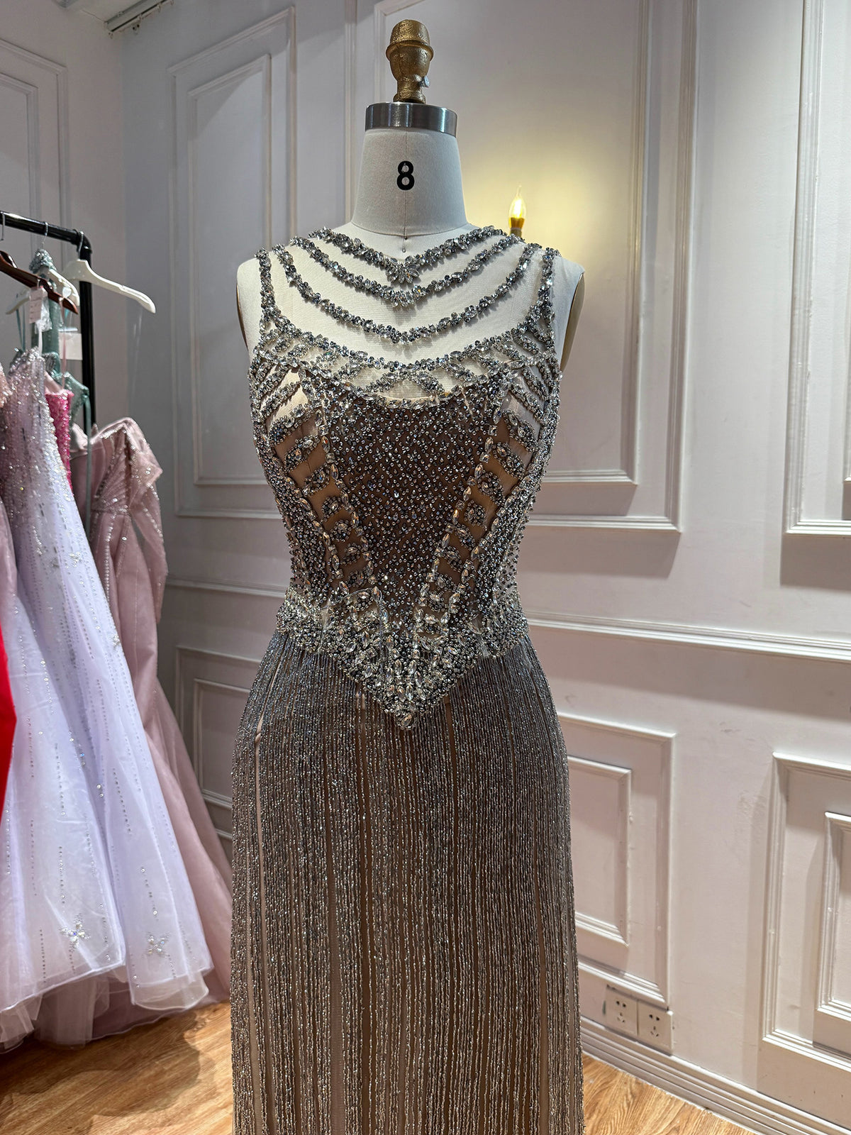 Silver Crystal Beaded Tassel Illusion Bodice Mermaid Evening Dress LA73987