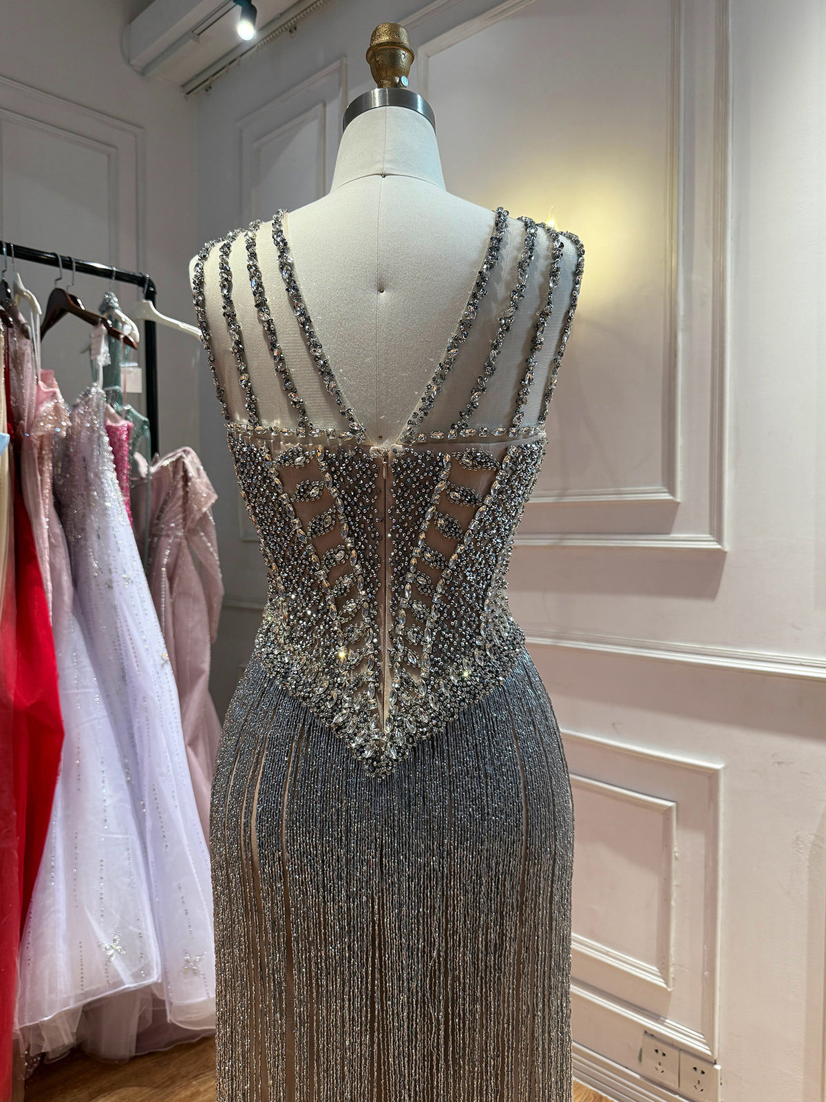Silver Crystal Beaded Tassel Illusion Bodice Mermaid Evening Dress LA73987