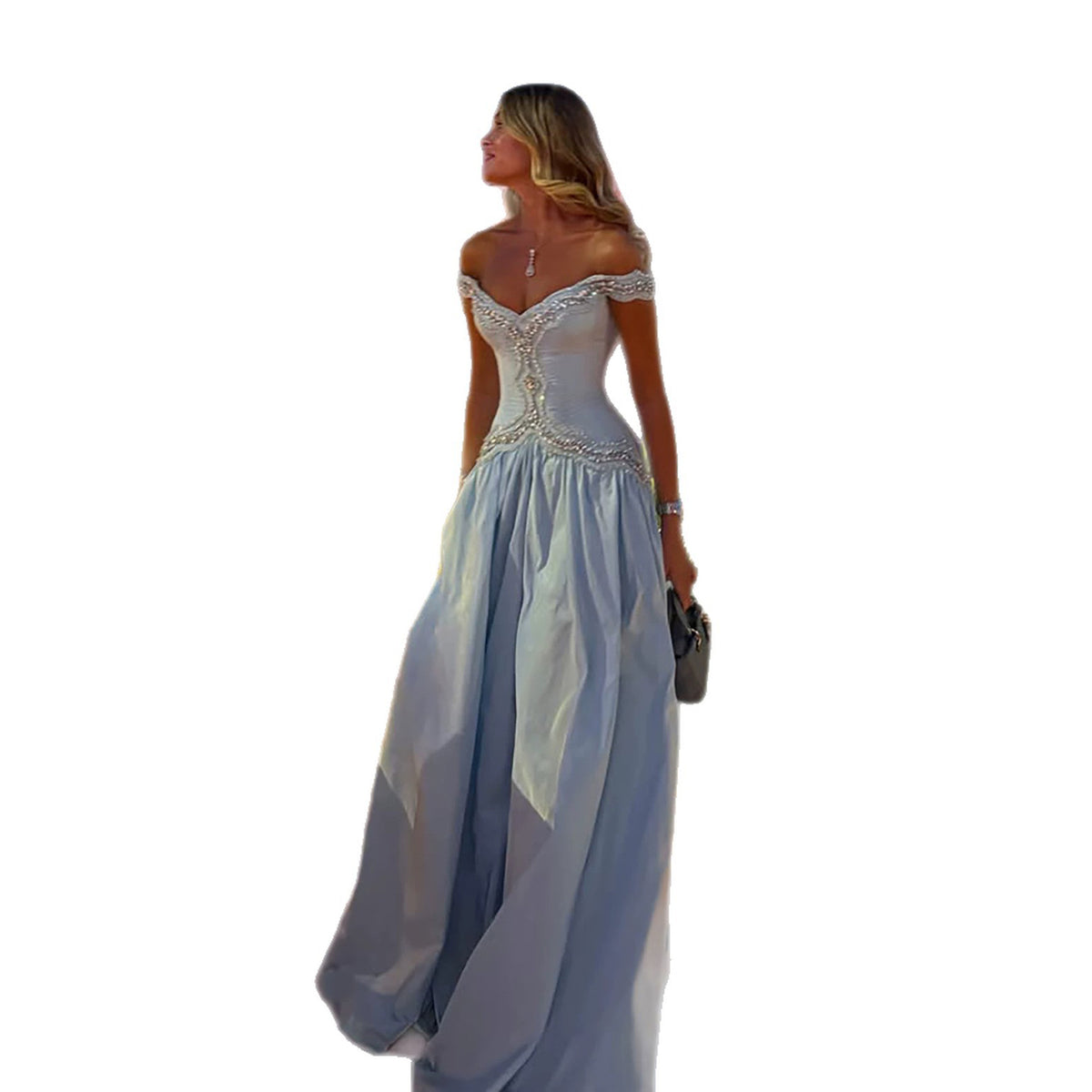 Blue Crystal Beaded Off Shoulder A Line Evening Dress LA73988