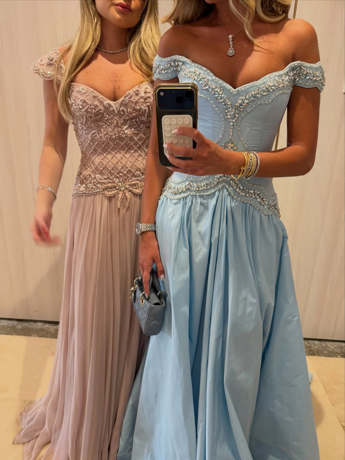 Blue Crystal Beaded Off Shoulder A Line Evening Dress LA73988