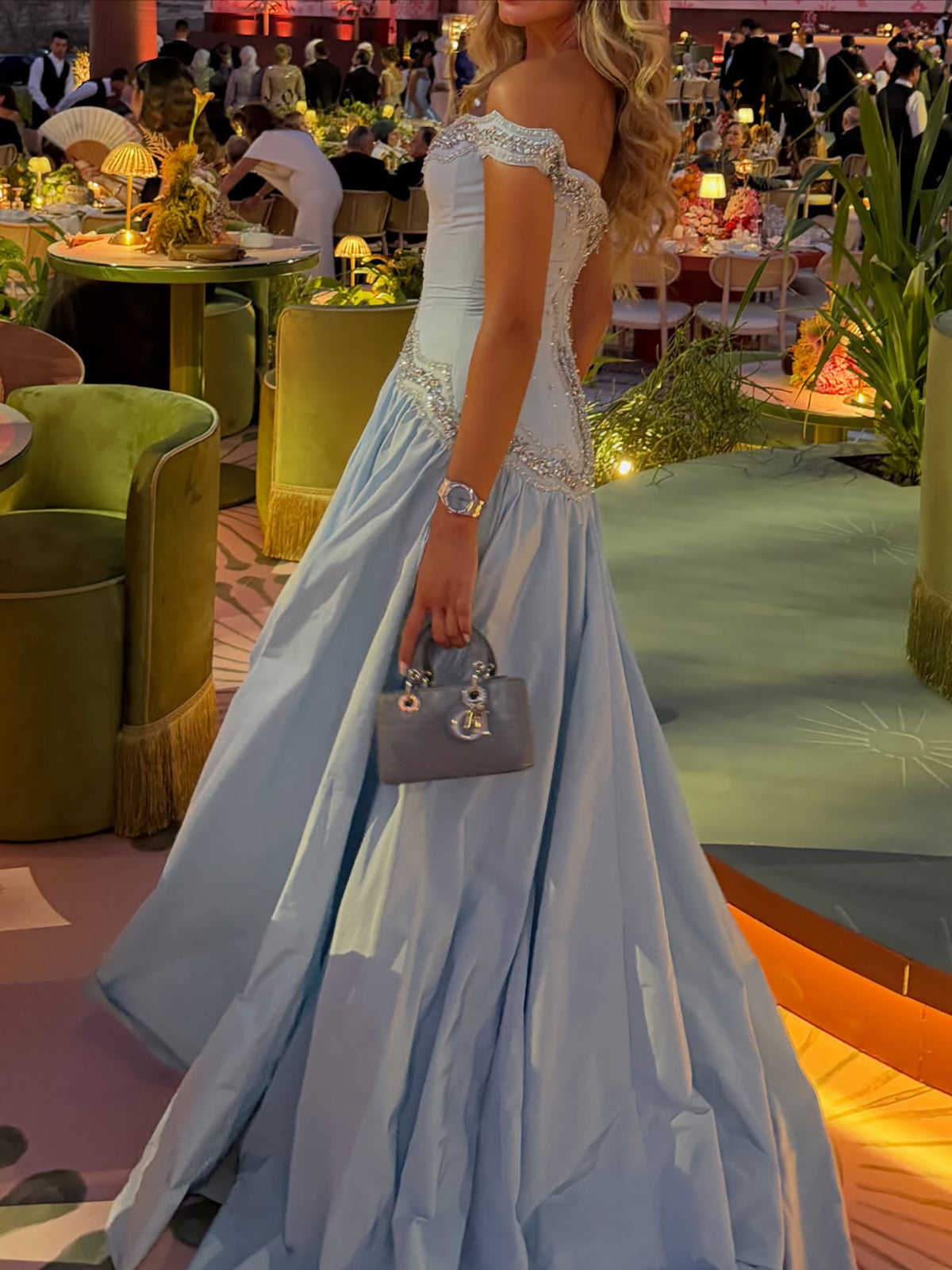 Blue Crystal Beaded Off Shoulder A Line Evening Dress LA73988