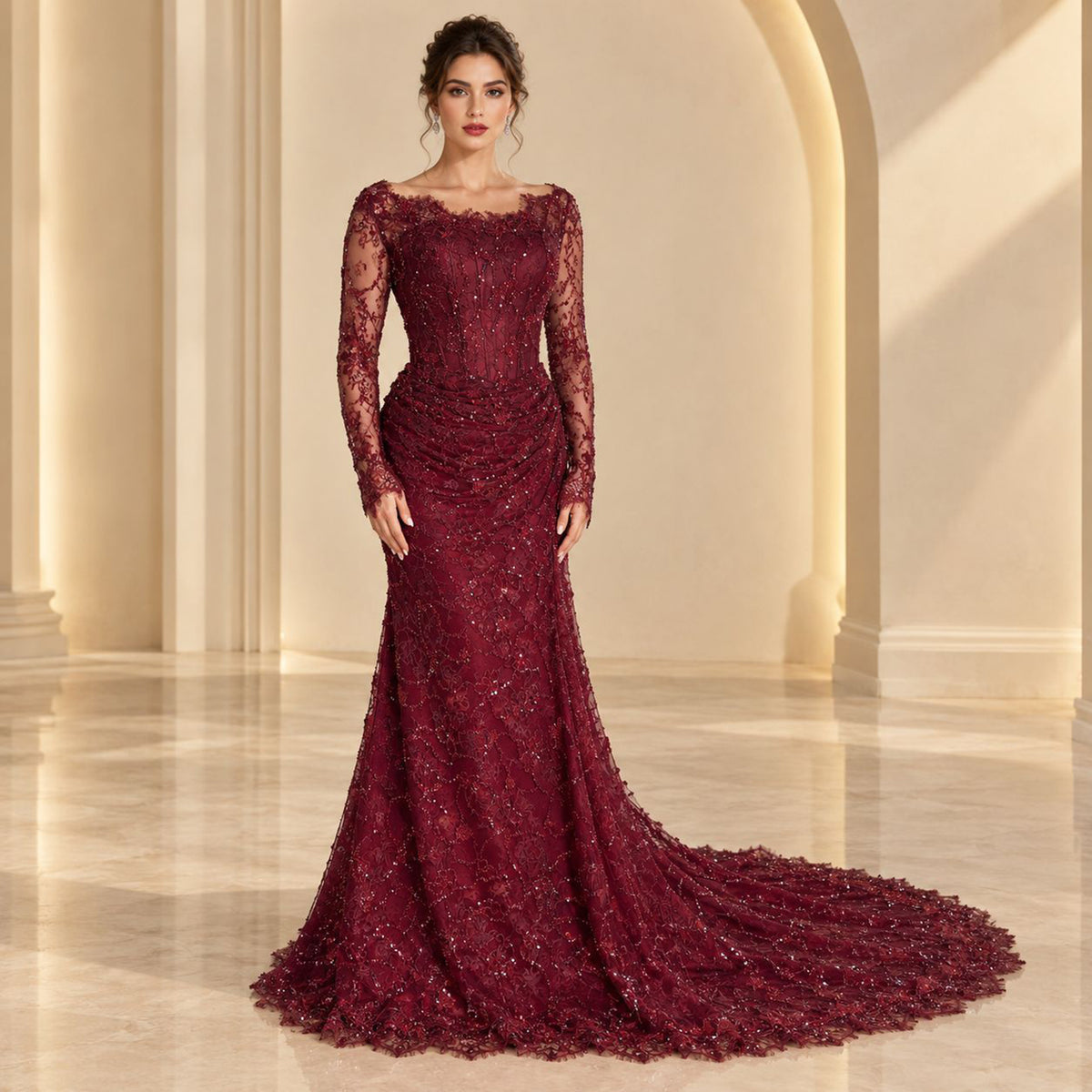 Glamorous Wine Red Beaded Lace Ruched Mermaid Dress LA73991