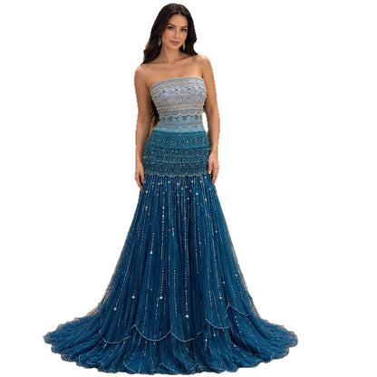 Elegant Green Pearl Beaded Strapless A Line Evening Dress LA73992