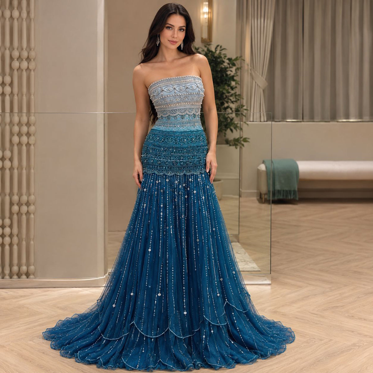 Elegant Green Pearl Beaded Strapless A Line Evening Dress LA73992