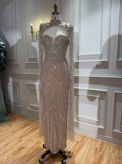Nude Crystal Beaded Tassel Cape Sleeve Mermaid Evening Dress LA73993 SERENE HILL
