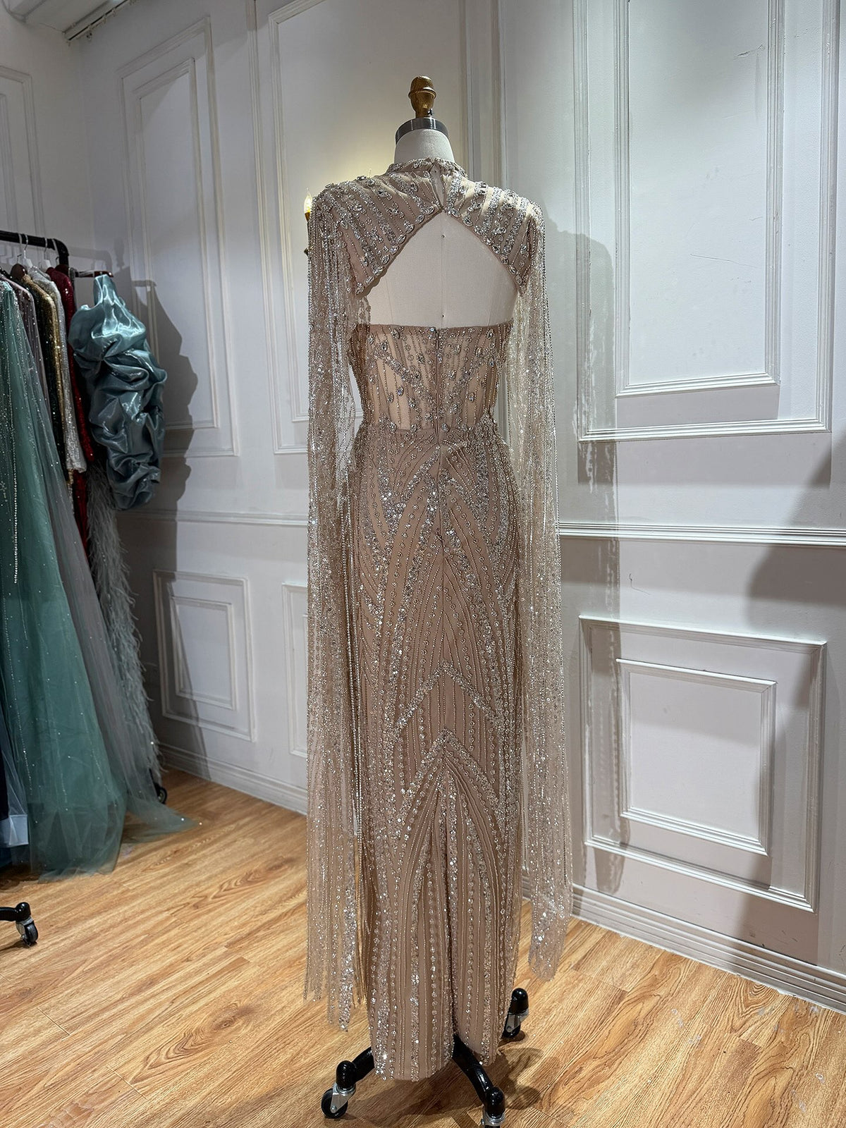 Nude Crystal Beaded Tassel Cape Sleeve Mermaid Evening Dress LA73993 SERENE HILL