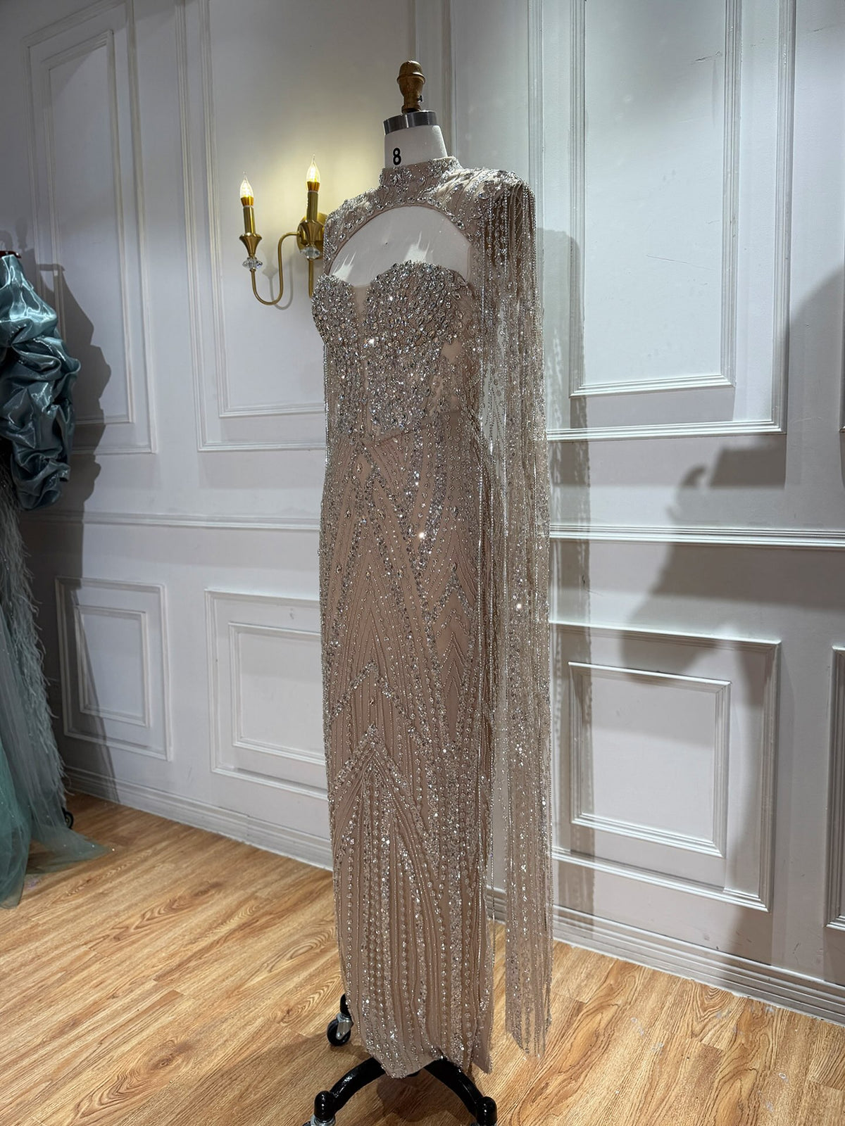 Nude Crystal Beaded Tassel Cape Sleeve Mermaid Evening Dress LA73993 SERENE HILL