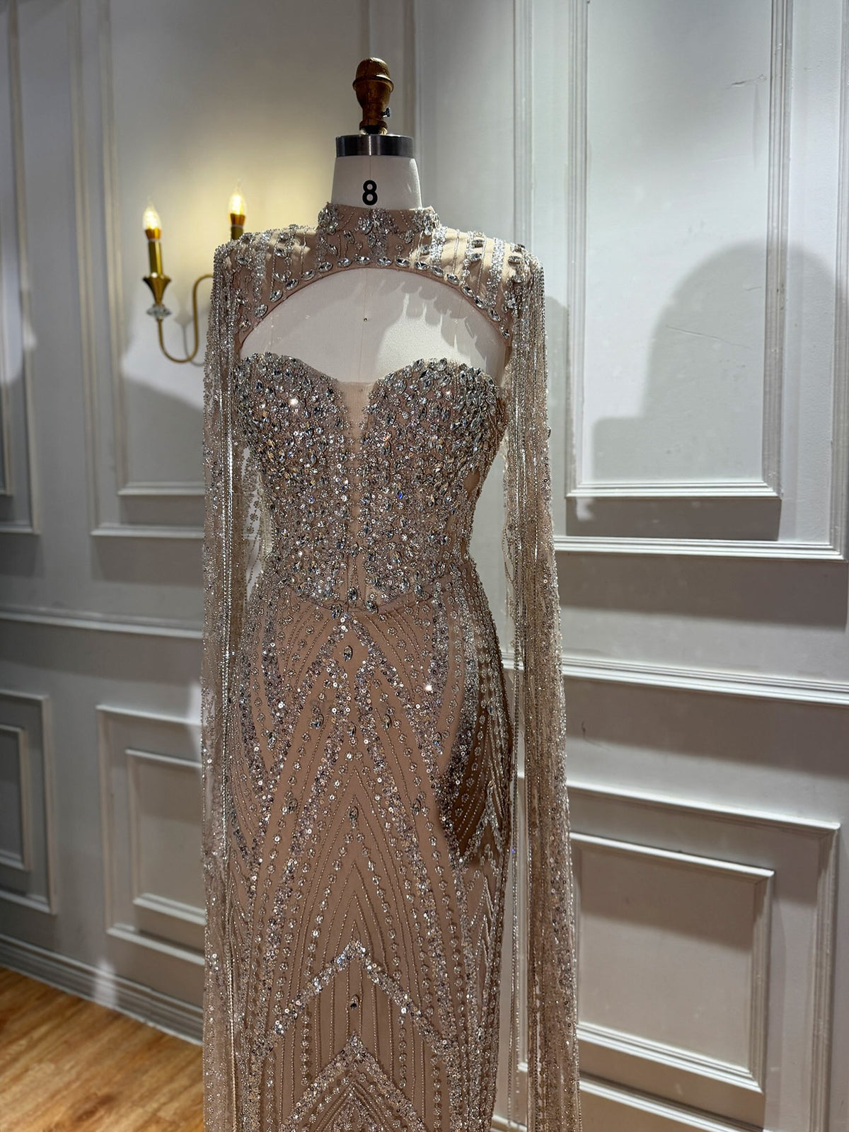 Nude Crystal Beaded Tassel Cape Sleeve Mermaid Evening Dress LA73993 SERENE HILL