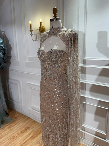 Nude Crystal Beaded Tassel Cape Sleeve Mermaid Evening Dress LA73993 SERENE HILL