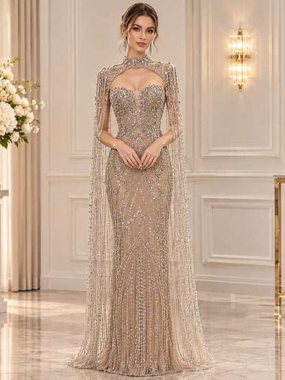 Nude Crystal Beaded Tassel Cape Sleeve Mermaid Evening Dress LA73993 SERENE HILL