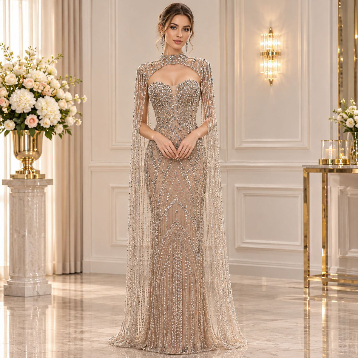 Nude Crystal Beaded Tassel Cape Sleeve Mermaid Evening Dress LA73993 SERENE HILL