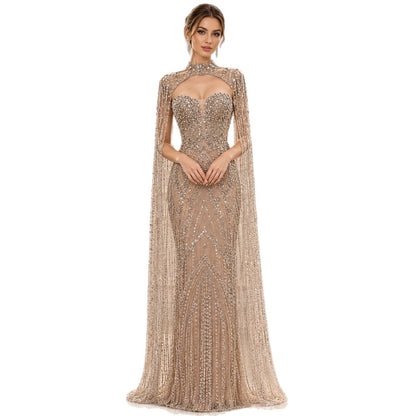 Nude Crystal Beaded Tassel Cape Sleeve Mermaid Evening Dress LA73993 SERENE HILL