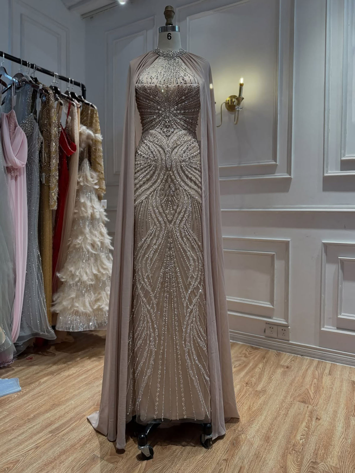 Luxury Nude Beaded Mermaid Evening Dress with Cape Sleeves LA77256