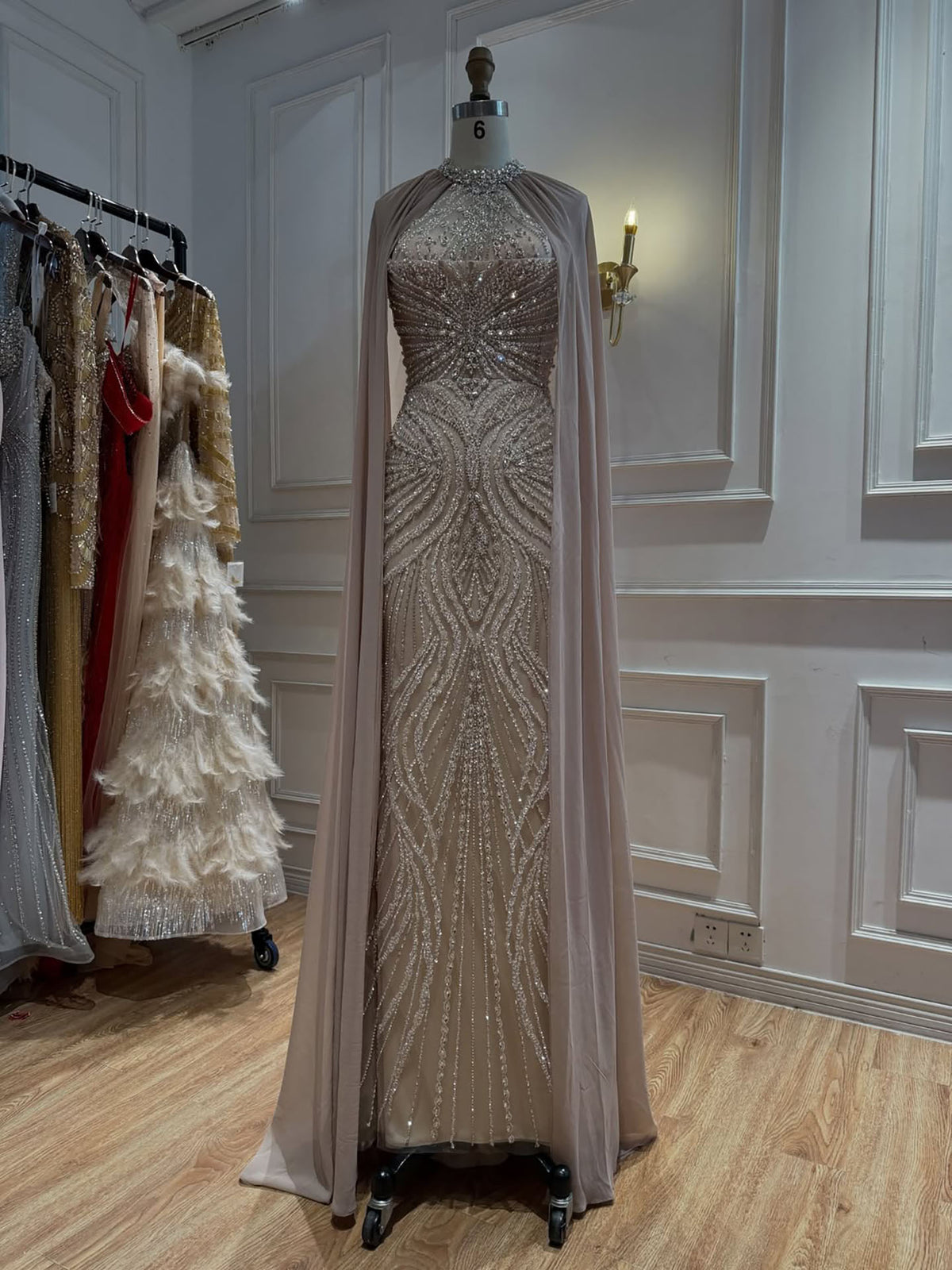 Luxury Nude Beaded Mermaid Evening Dress with Cape Sleeves LA77256