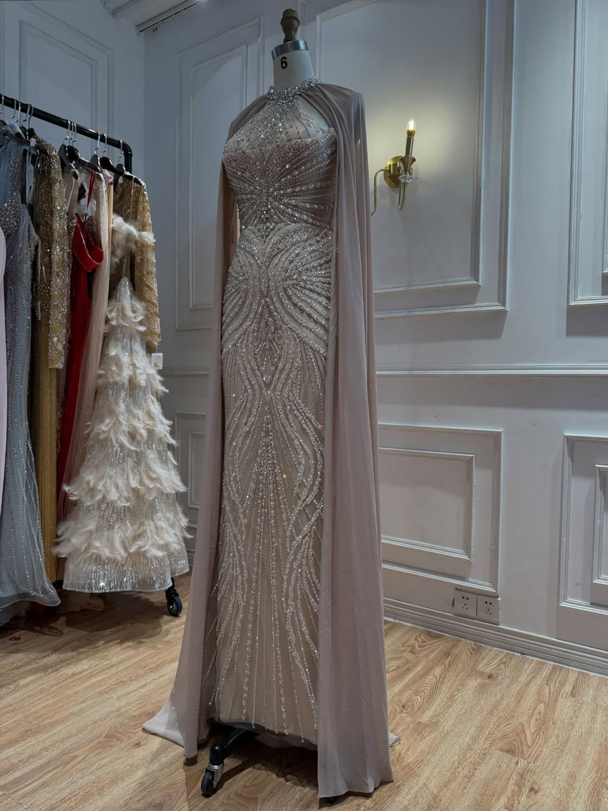 Luxury Nude Beaded Mermaid Evening Dress with Cape Sleeves LA77256