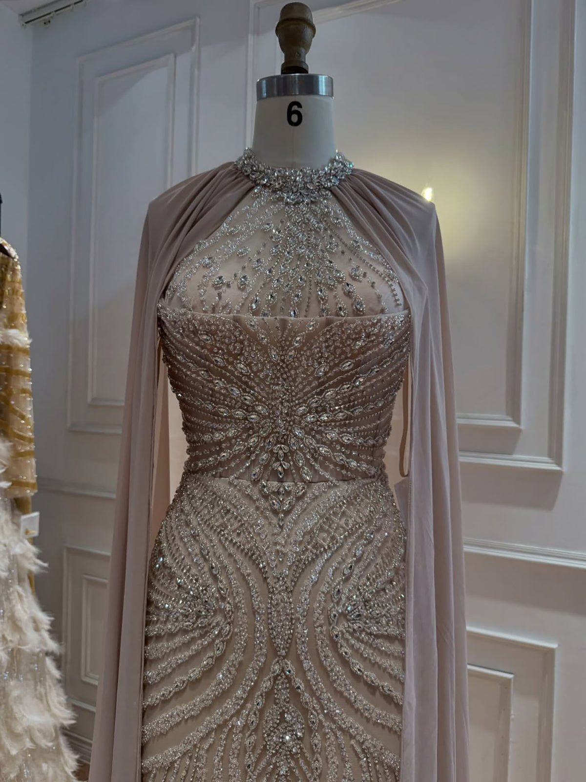 Luxury Nude Beaded Mermaid Evening Dress with Cape Sleeves LA77256