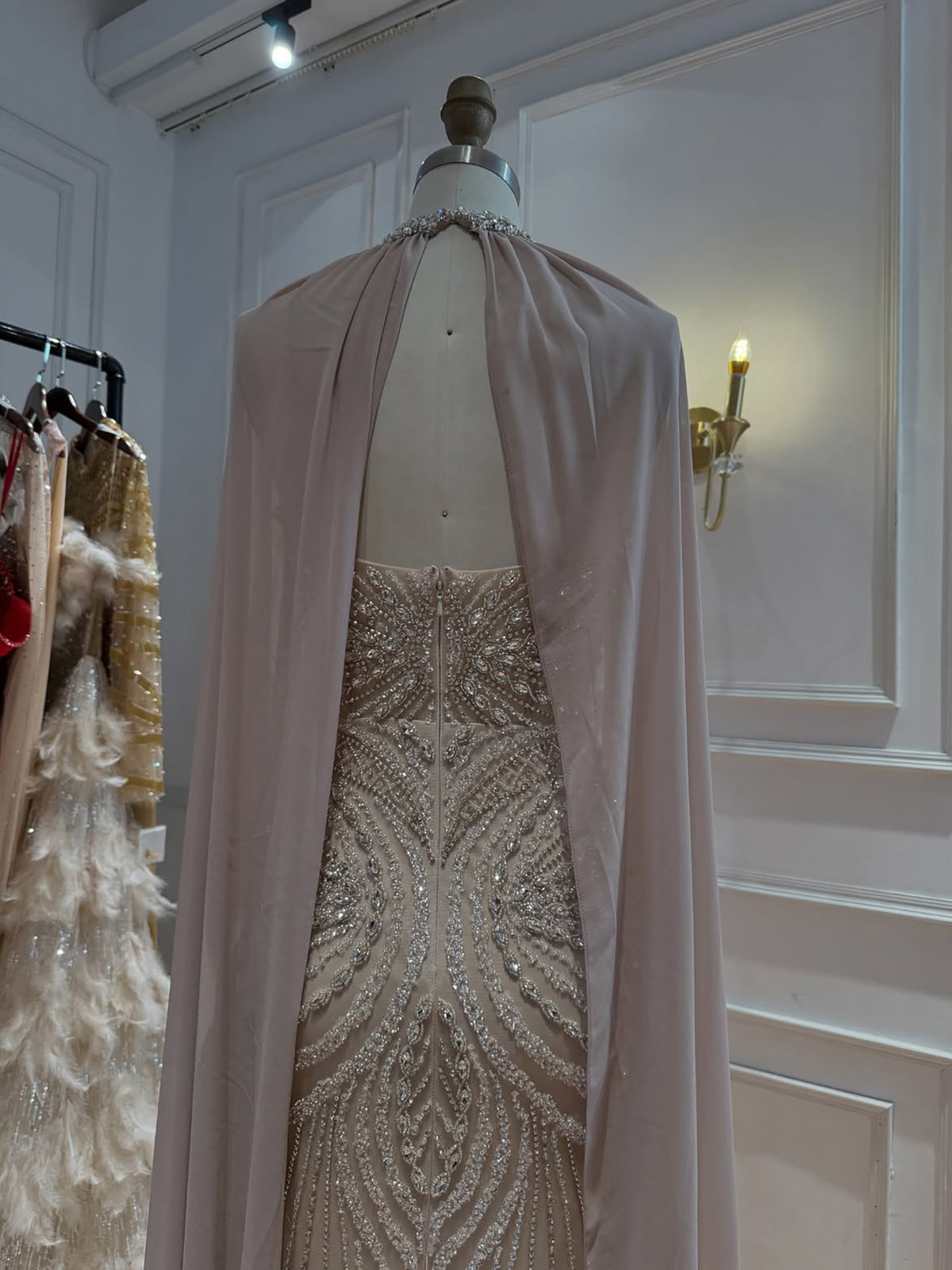 Luxury Nude Beaded Mermaid Evening Dress with Cape Sleeves LA77256