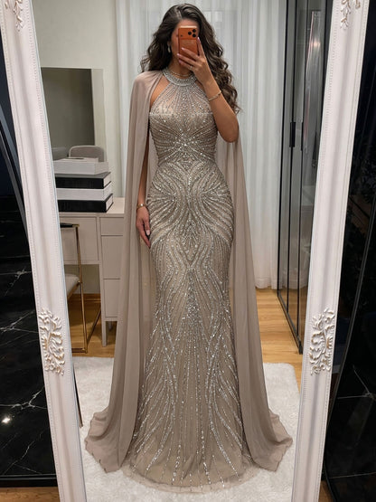 Luxury Nude Beaded Mermaid Evening Dress with Cape Sleeves LA77256