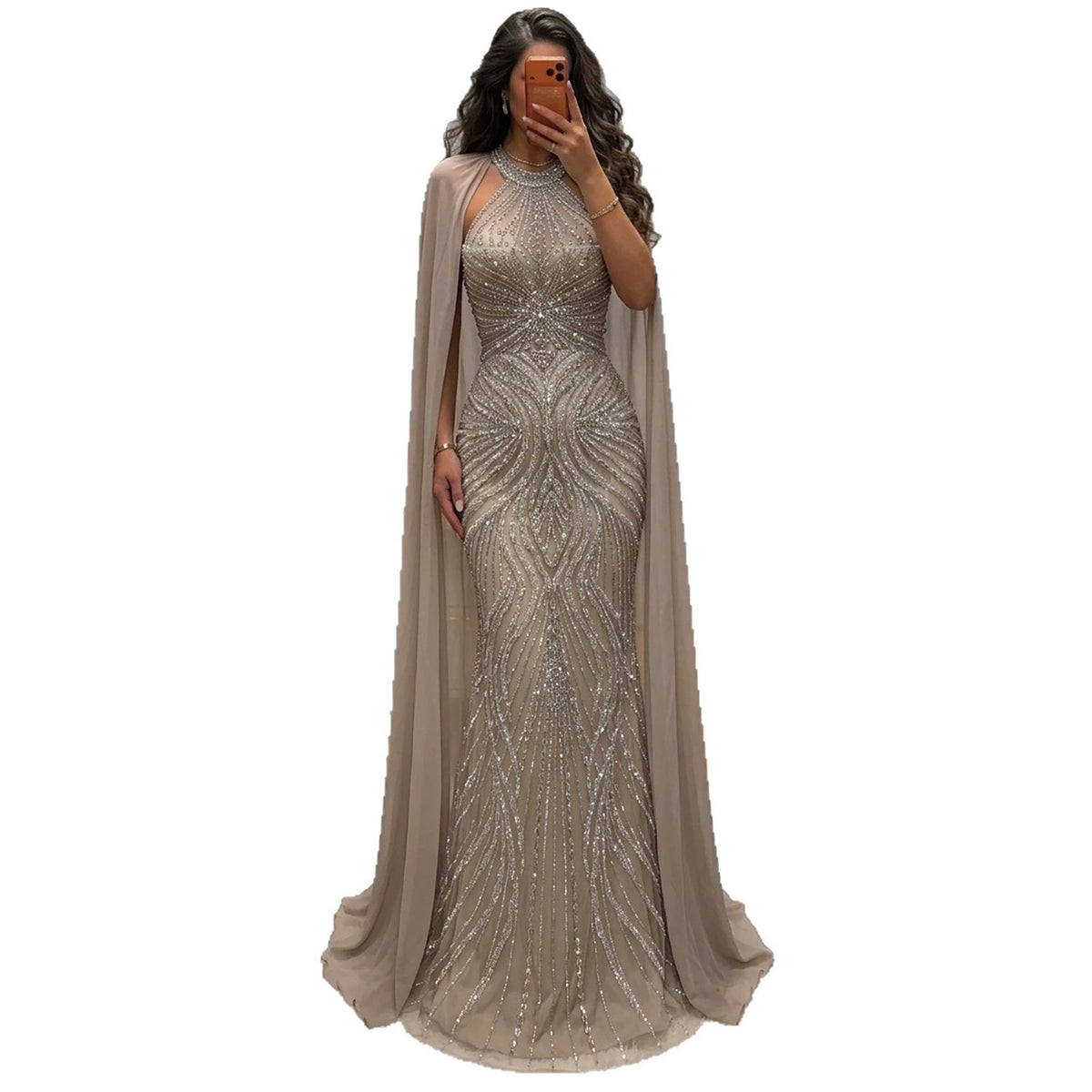 Luxury Nude Beaded Mermaid Evening Dress with Cape Sleeves LA77256