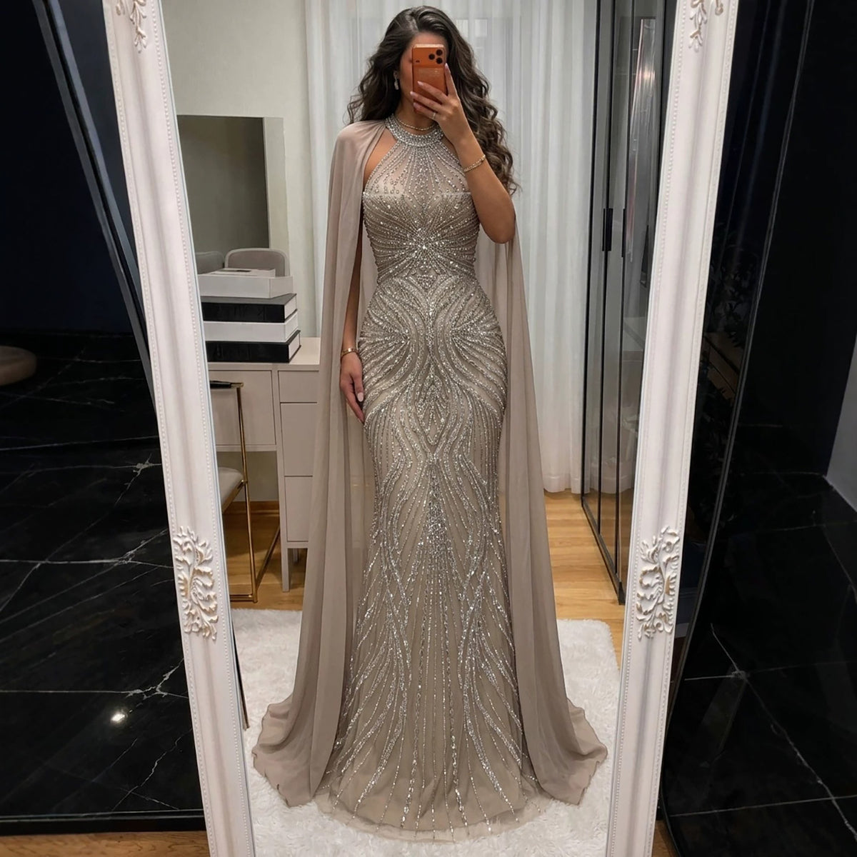 Luxury Nude Beaded Mermaid Evening Dress with Cape Sleeves LA77256