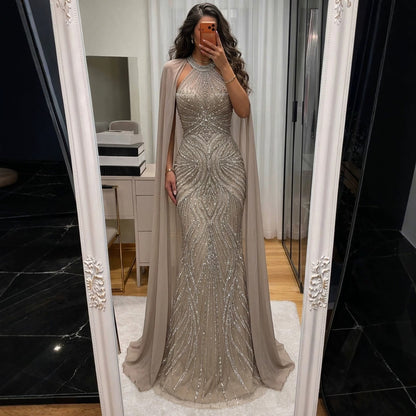 Luxury Nude Beaded Mermaid Evening Dress with Cape Sleeves LA77256