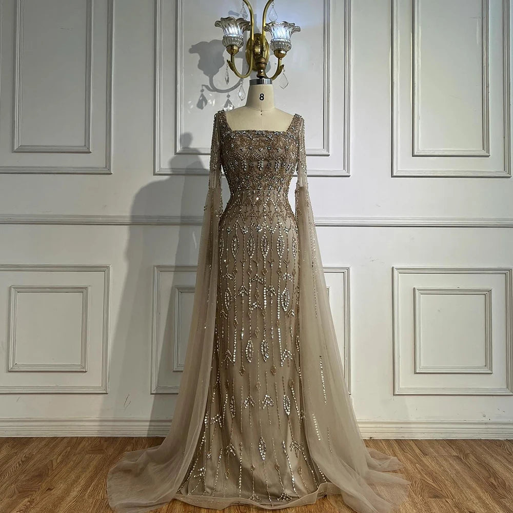 Luxury Modest Caramel Evening Dress with Sleeves Cape LA72966 - SERENE HILL