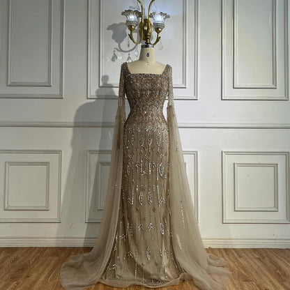 Luxury Modest Caramel Evening Dress with Sleeves Cape LA72966 - SERENE HILL