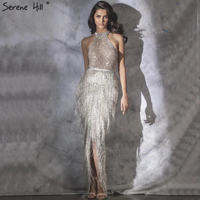 On Sale no return no refund Mermaid Tassel Luxury Halter Rhinestones Evening Dress Pageant Gown Sleeveless Mermaid Split Robe de Soiree Serene Hill LA60776 - SERENE HILL
