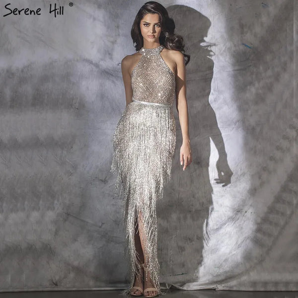 On Sale  no return no refund Mermaid Tassel Luxury Halter Rhinestones Evening Dress Pageant Gown Sleeveless Mermaid Split Robe de Soiree Serene Hill LA60776
