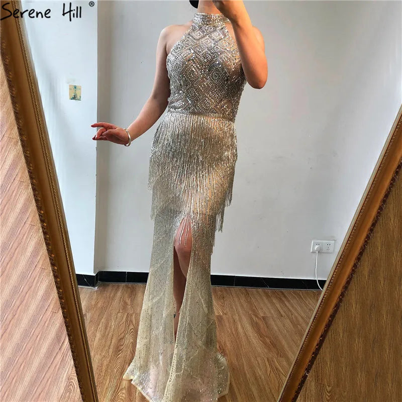 On Sale no return no refund Mermaid Tassel Luxury Halter Rhinestones Evening Dress Pageant Gown Sleeveless Mermaid Split Robe de Soiree Serene Hill LA60776 - SERENE HILL