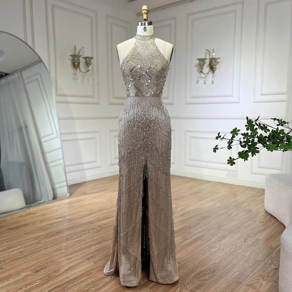 On Sale no return no refund Mermaid Tassel Luxury Halter Rhinestones Evening Dress Pageant Gown Sleeveless Mermaid Split Robe de Soiree Serene Hill LA60776 - SERENE HILL