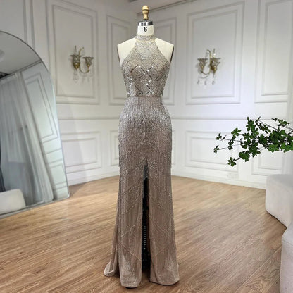 On Sale no return no refund Mermaid Tassel Luxury Halter Rhinestones Evening Dress Pageant Gown Sleeveless Mermaid Split Robe de Soiree Serene Hill LA60776 - SERENE HILL