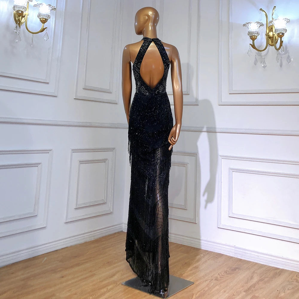 On Sale no return no refund Mermaid Tassel Luxury Halter Rhinestones Evening Dress Pageant Gown Sleeveless Mermaid Split Robe de Soiree Serene Hill LA60776 - SERENE HILL