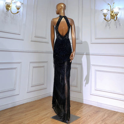 On Sale no return no refund Mermaid Tassel Luxury Halter Rhinestones Evening Dress Pageant Gown Sleeveless Mermaid Split Robe de Soiree Serene Hill LA60776 - SERENE HILL