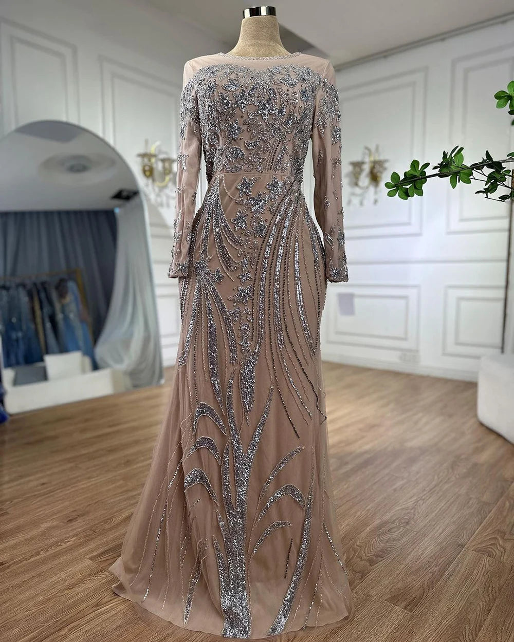 Muslim Mermaid Nude With Overskirt Beaded Dubai Evening Dresses Gowns For Wedding Party LA71943 - SERENE HILL