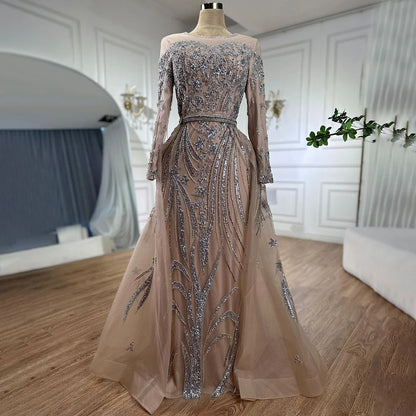 Muslim Mermaid Nude With Overskirt Beaded Dubai Evening Dresses Gowns For Wedding Party LA71943 - SERENE HILL