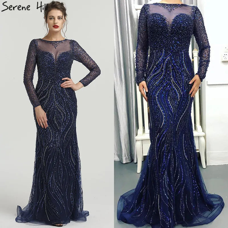 New Long Sleeves Luxury Formal Evening Dresses Mermaid Beading Sequined Fashion Evening Gowns 2025 Serene Hill LA6506 - SERENE HILL
