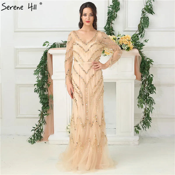 Newest Designer Gold V-Neck Evening Dresses  Mermaid Long Sleeves Tassel Beading Fashion Evening Gowns LA6631