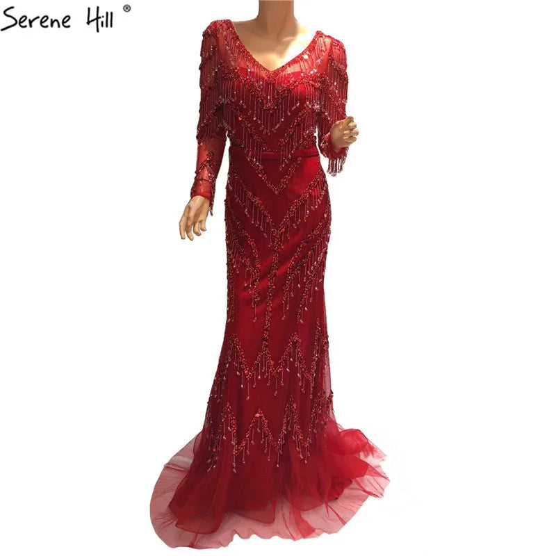 Newest Designer Gold V-Neck Evening Dresses Mermaid Long Sleeves Tassel Beading Fashion Evening Gowns LA6631 - SERENE HILL