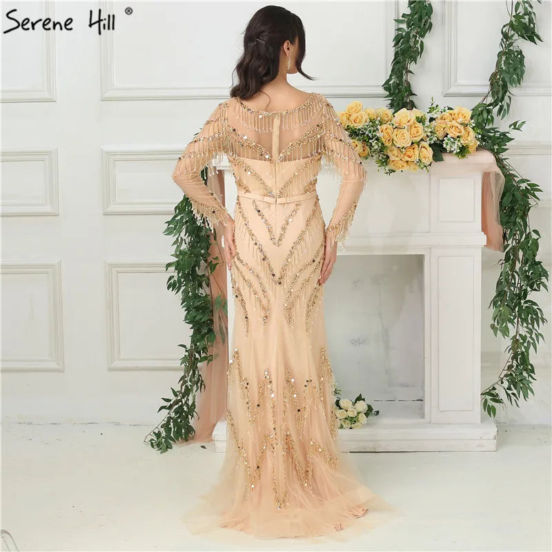 Newest Designer Gold V-Neck Evening Dresses Mermaid Long Sleeves Tassel Beading Fashion Evening Gowns LA6631 - SERENE HILL