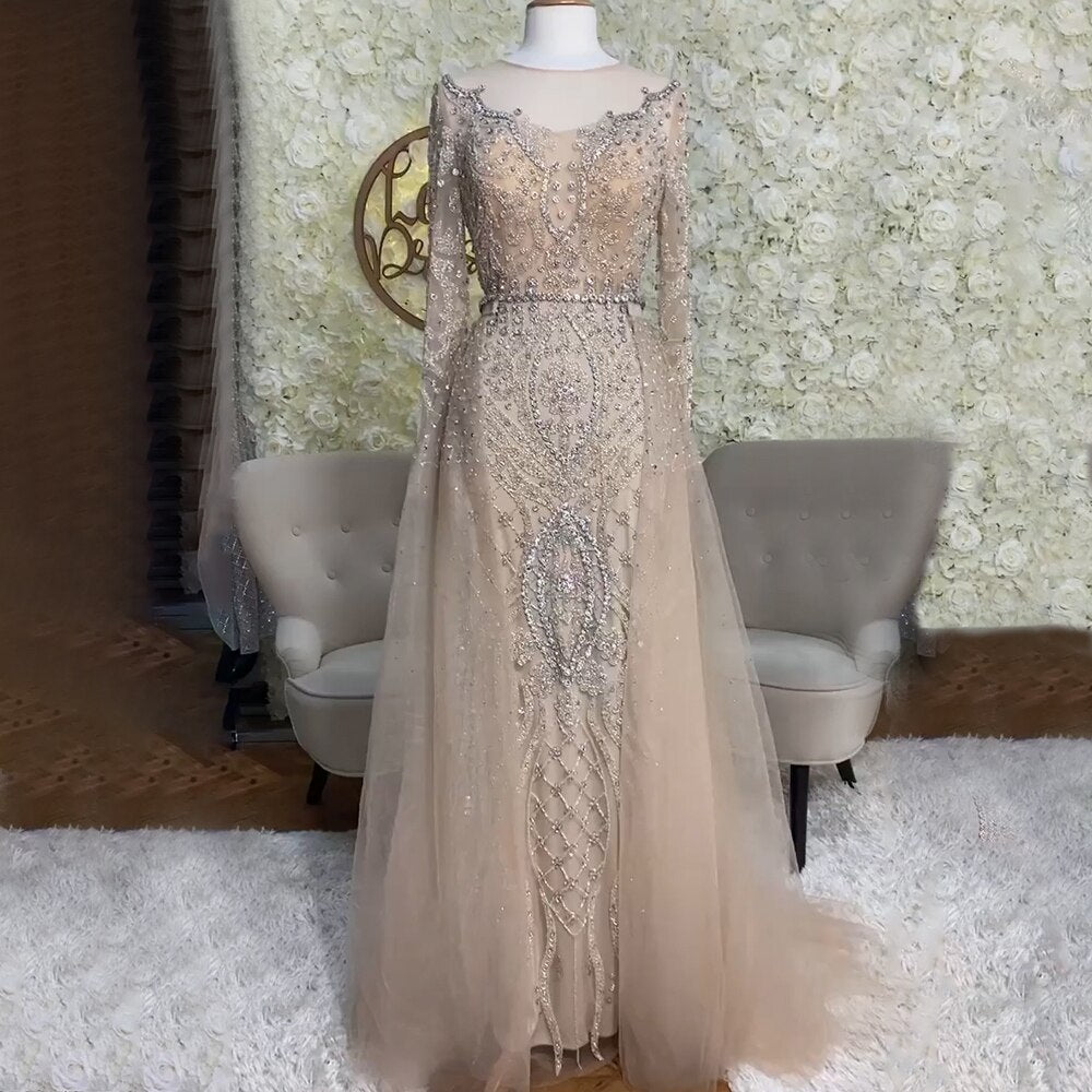 SERENE HILL Luxury Muslim Nude Beaded Mermaid Evening Dress with Overskirt LA71597 - SERENE HILL