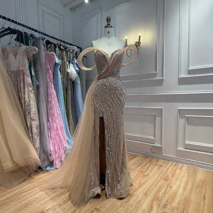 Luxury Nude Sequin Beaded Mermaid Dress With High Slit LA73425B SERENE HILL