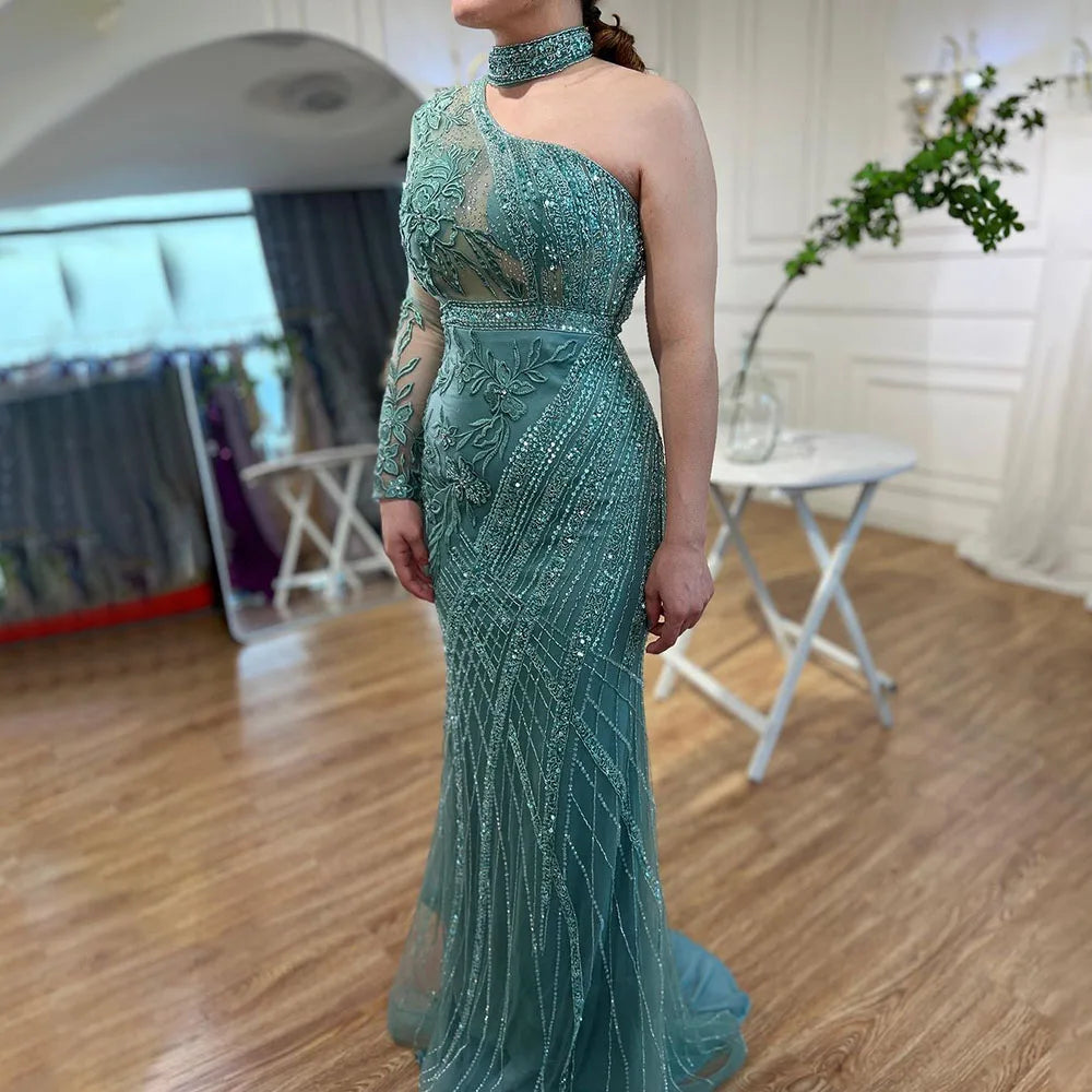 On Sale no return no refund One-Shoulder Beaded Turquoise Mermaid Evening Dress for Women&